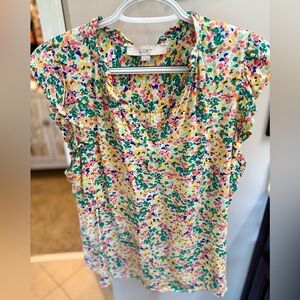 LOFT White Multi-Color Floral Dot Ruffle Sleeve Camisole